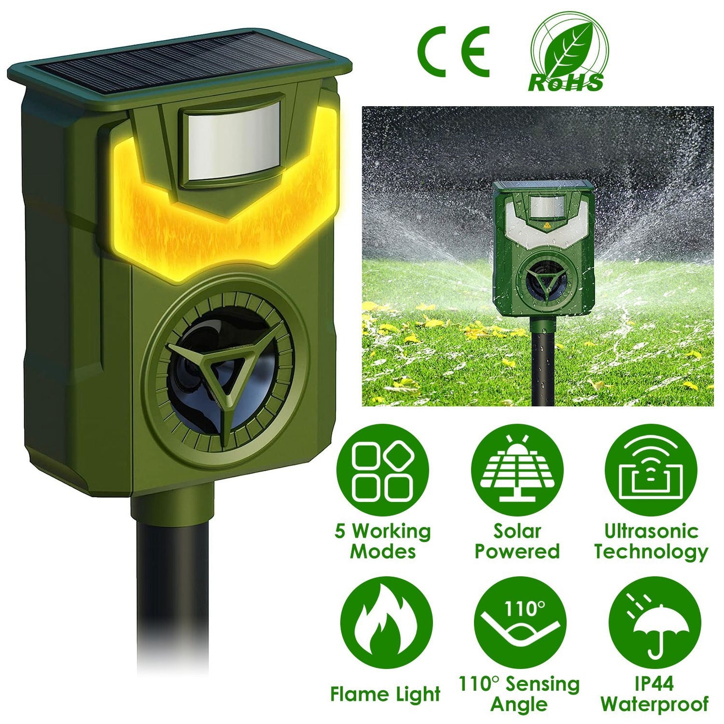 1Pc Solar Ultrasonic Animal Repeller With Flame Light USB Charge Motion Sensor Animal Repellent Chaser IP55 Waterproof Dog Raccoon Fox Skunk