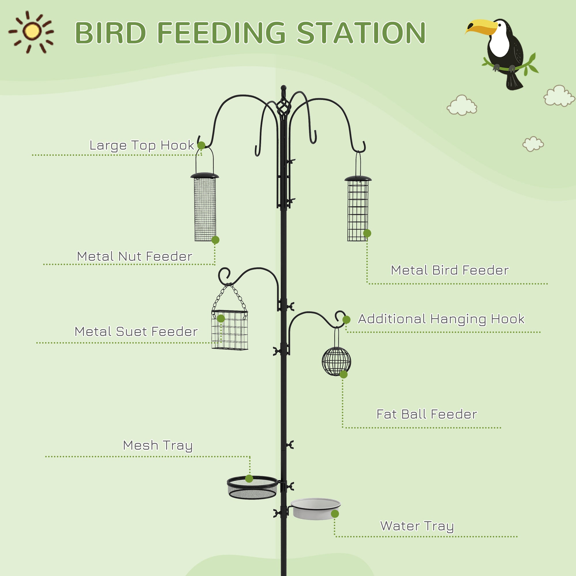 PawHut Bird Feeding Station Kit – Outdoor Wild Bird Feeder Pole with 6 Hooks & 4 Feeders