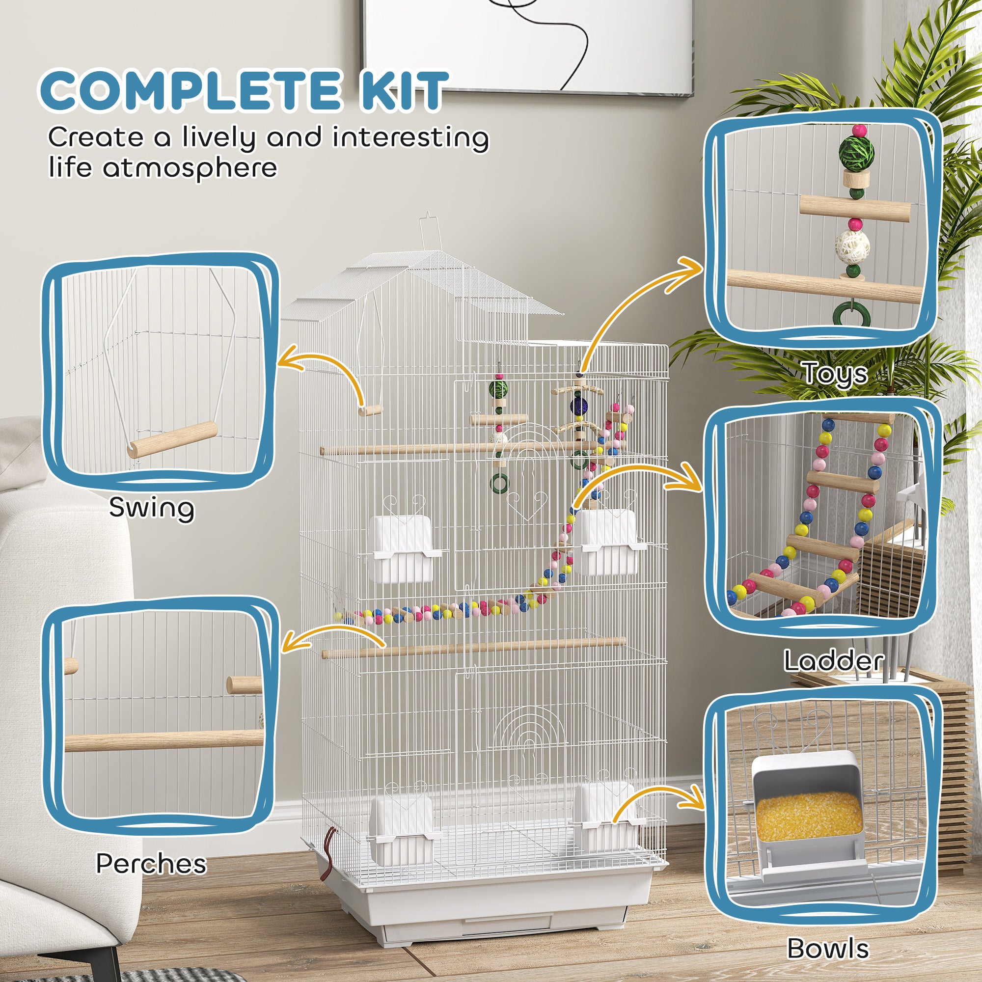 PawHut Tall Bird Cage with Accessories & Toys