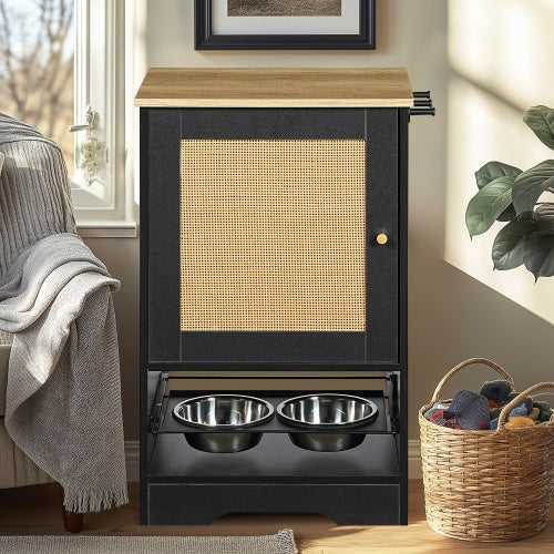 Feeding Station With 1 Storage Cabinets, Pet Feeding Station With 2 Elevated Dog Bowls, Side Hooks, Anti-tip Kit, Hidden Pet Feeder Station For Feeding   Watering, Black