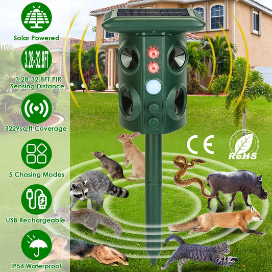 Solar Ultrasonic Animal Repeller Solar Powered Animal Repellent Chaser With PIR Motion Sensor IP54 Waterproof Sound Flashing Light For Deer Raccoon Squirrel Mice Snakes Cat Dog