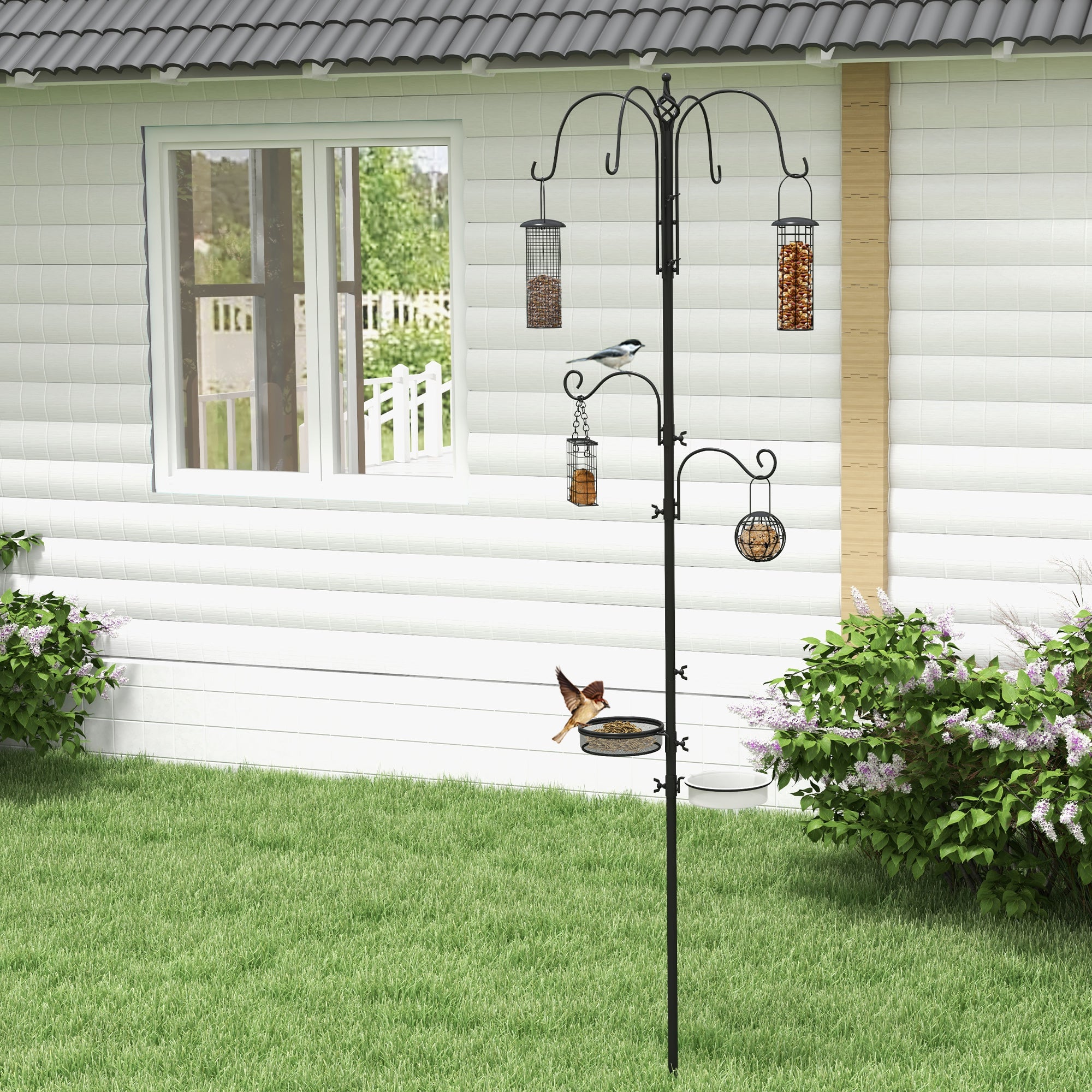 PawHut Bird Feeding Station Kit – Outdoor Wild Bird Feeder Pole with 6 Hooks & 4 Feeders
