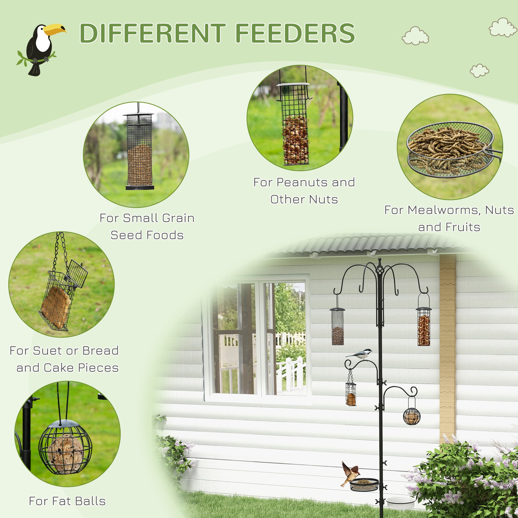 PawHut Bird Feeding Station Kit – Outdoor Wild Bird Feeder Pole with 6 Hooks & 4 Feeders