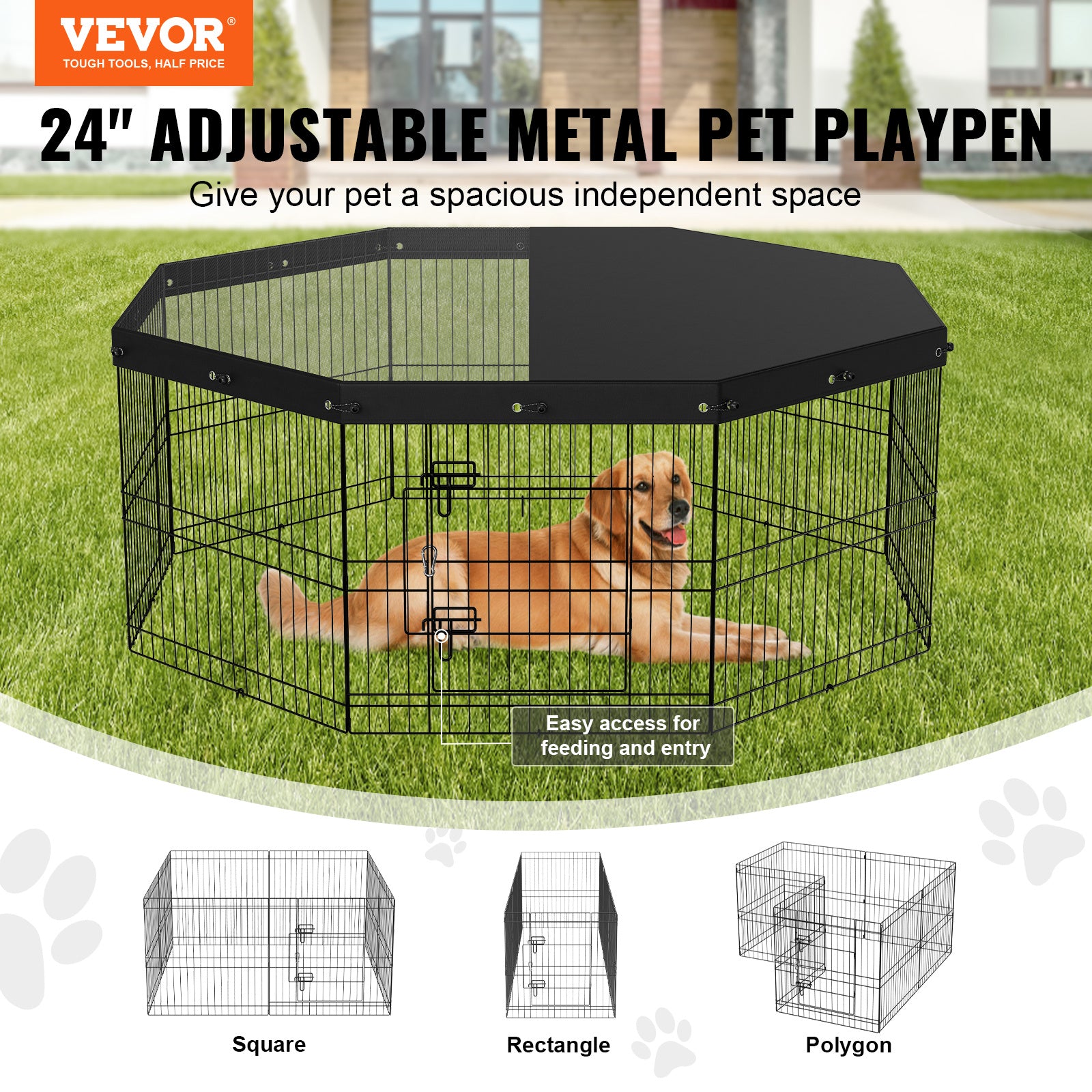 Foldable Metal Dog Playpen with Top Cover – 24" Height