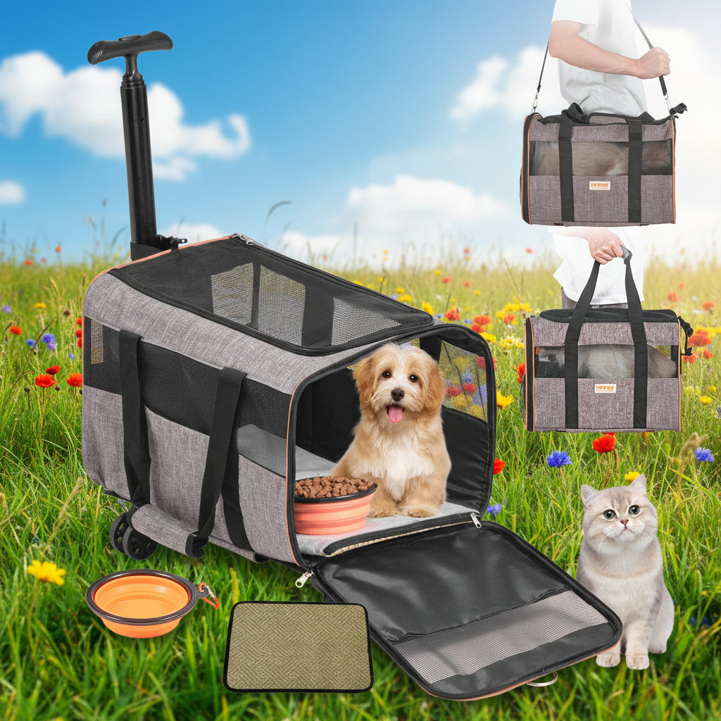 Rolling Pet Carrier with Wheels – Airline Approved (Grey)