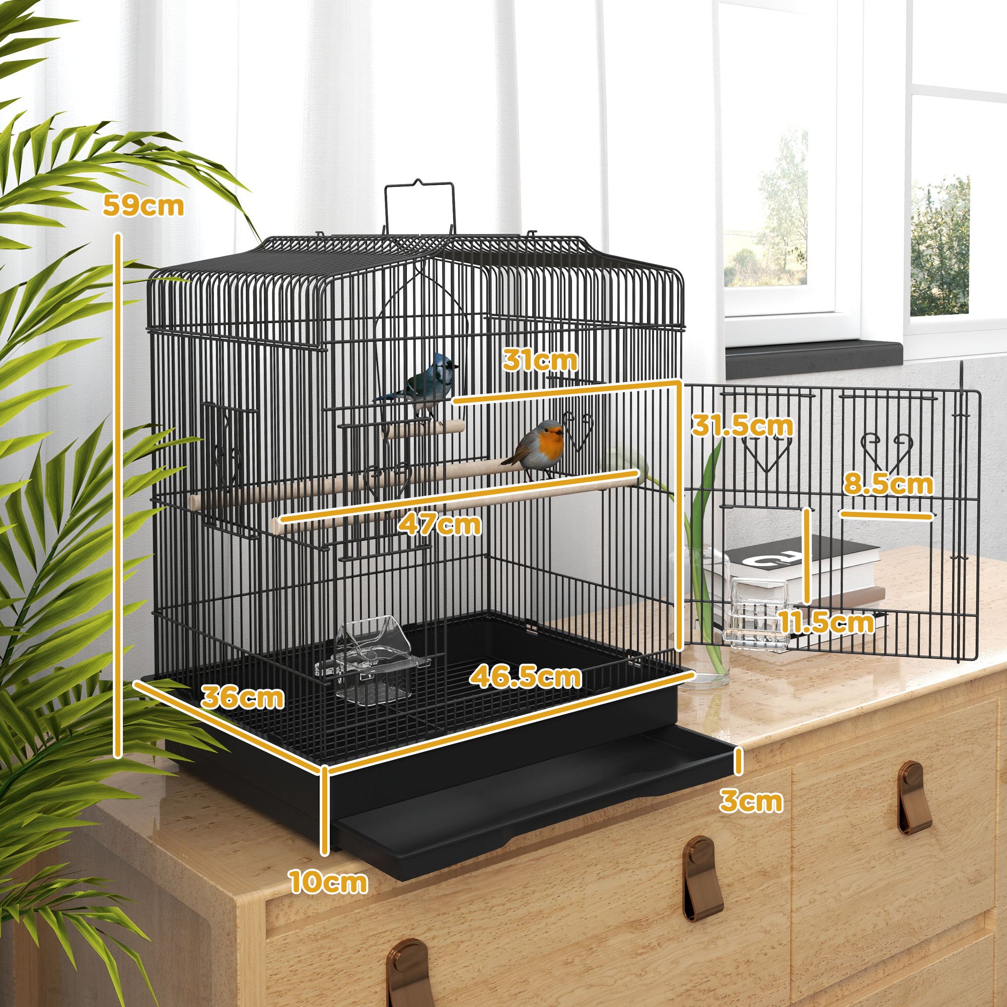 PawHut Large Metal Bird Cage with Perches, Bowls & Swing