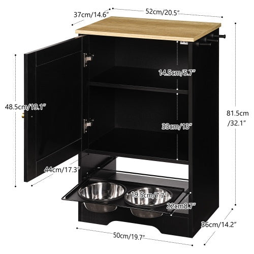 Feeding Station With 1 Storage Cabinets, Pet Feeding Station With 2 Elevated Dog Bowls, Side Hooks, Anti-tip Kit, Hidden Pet Feeder Station For Feeding   Watering, Black
