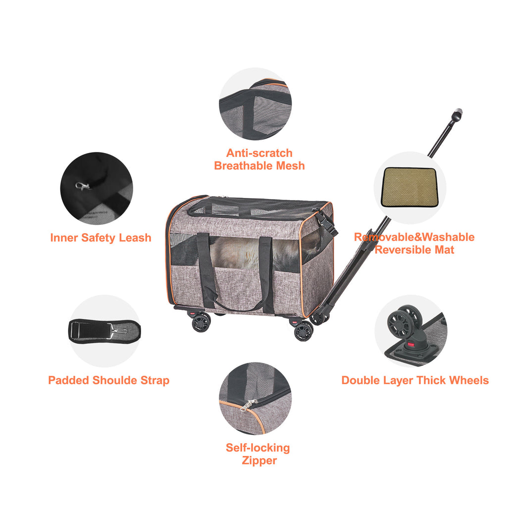 Rolling Pet Carrier with Wheels – Airline Approved (Grey)