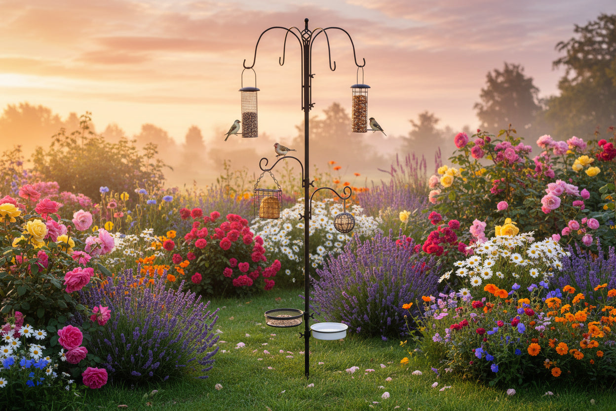 PawHut Bird Feeding Station Kit – Outdoor Wild Bird Feeder Pole with 6 Hooks & 4 Feeders
