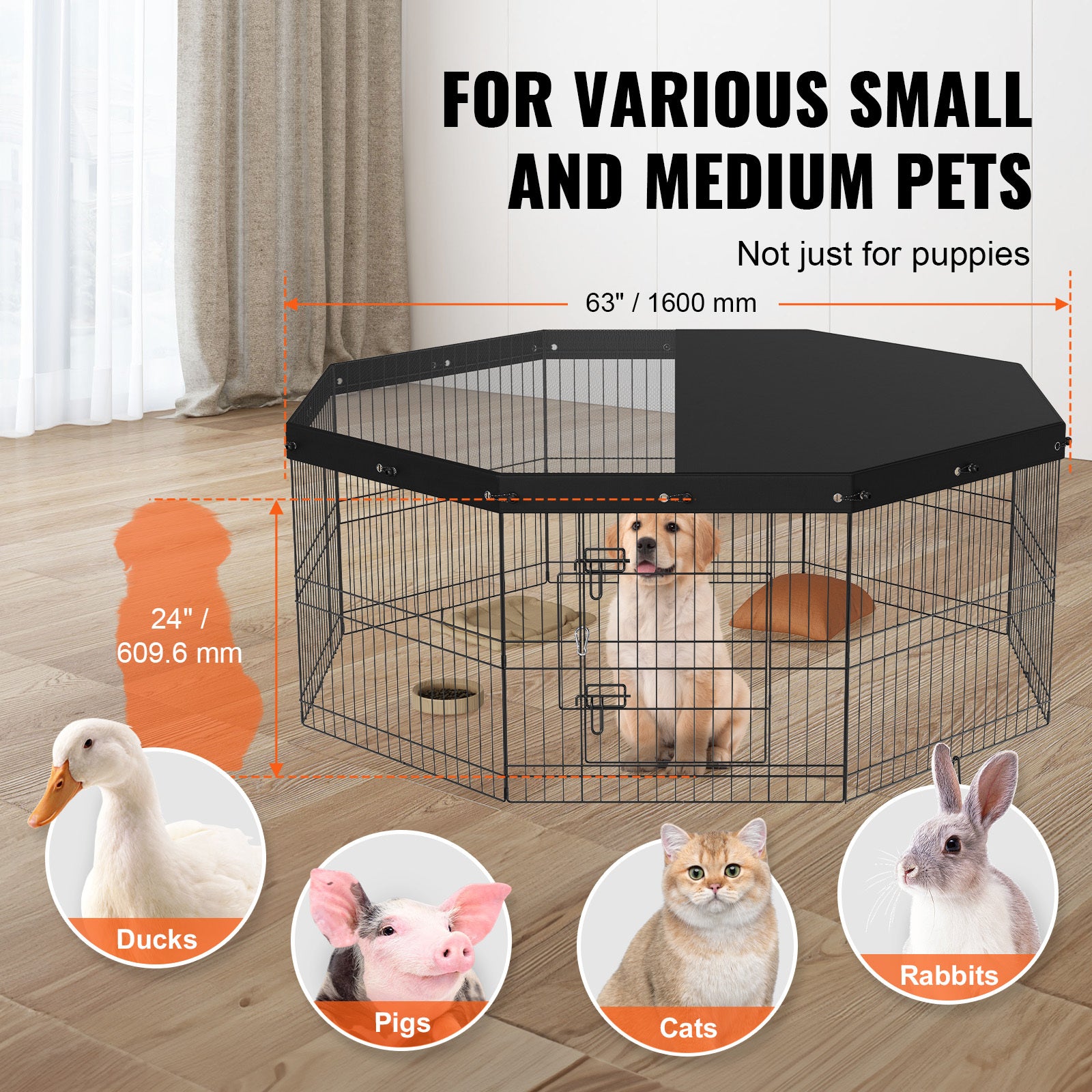 Foldable Metal Dog Playpen with Top Cover – 24" Height
