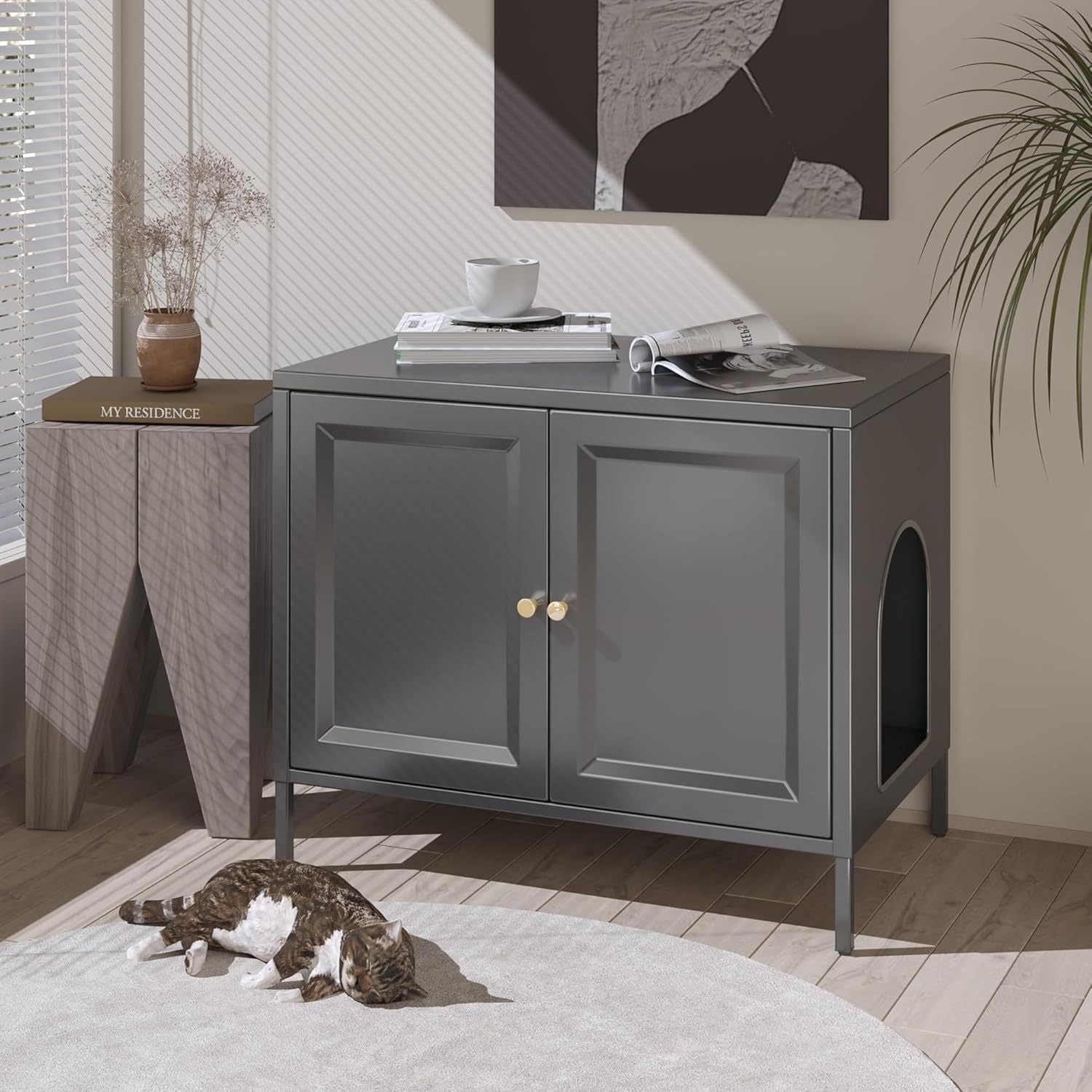 Metal Cat Litter Box Enclosure with Barn Door