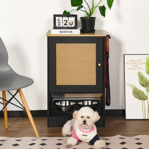 Feeding Station With 1 Storage Cabinets, Pet Feeding Station With 2 Elevated Dog Bowls, Side Hooks, Anti-tip Kit, Hidden Pet Feeder Station For Feeding   Watering, Black