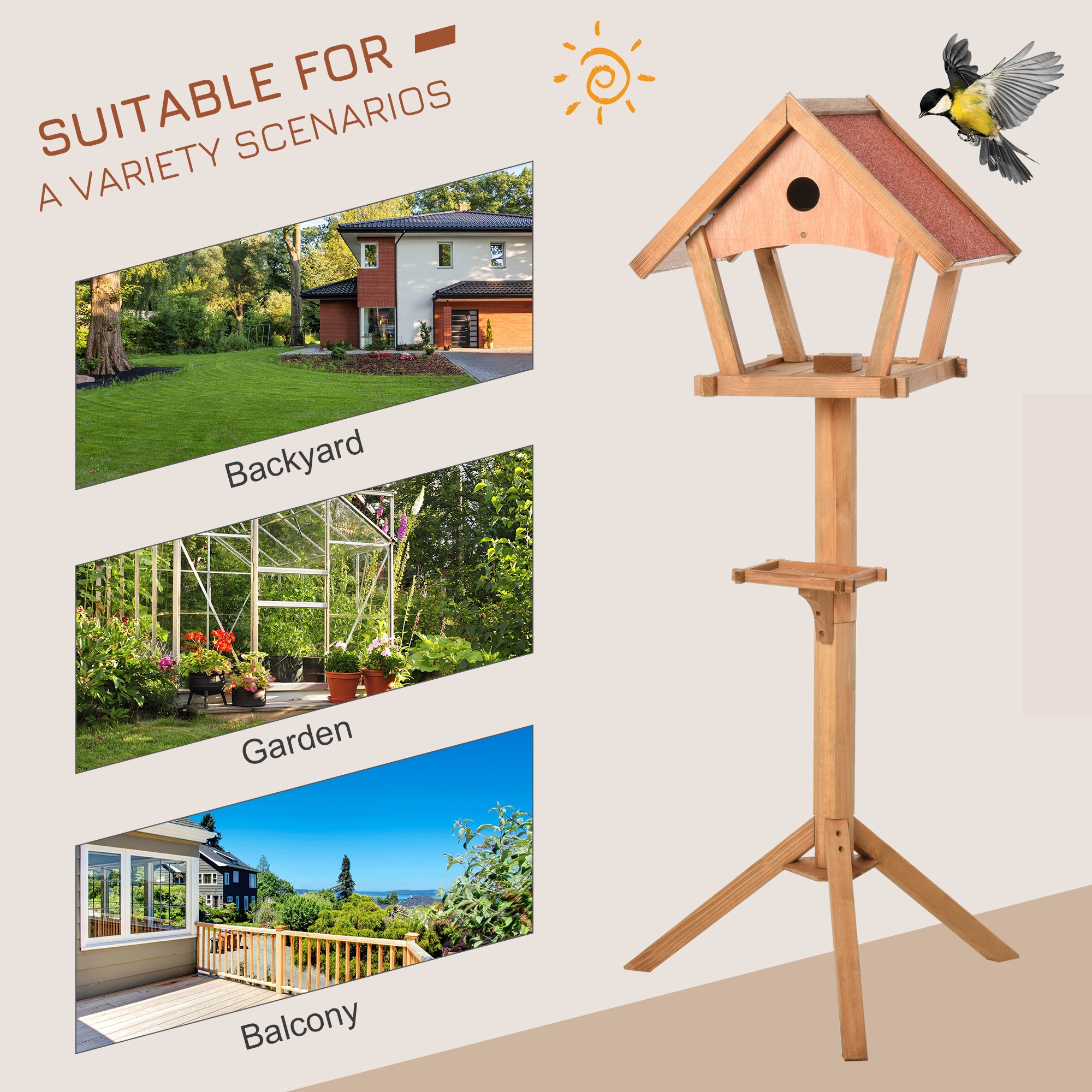 PawHut Wooden Bird Table – Freestanding Garden Feeding Station