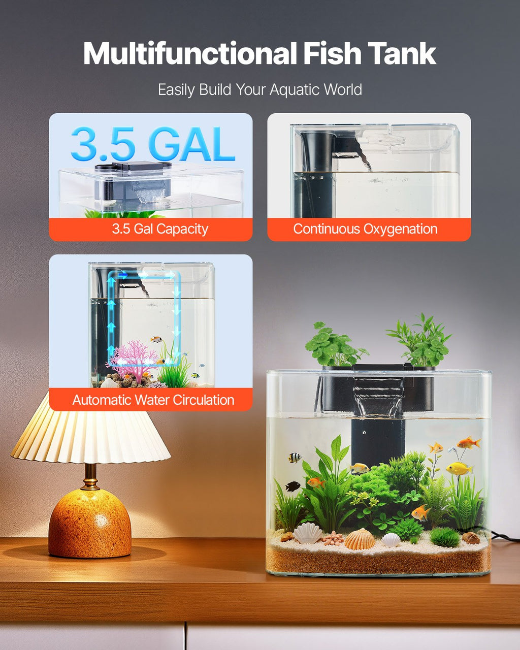 3.5 Gallon Smart Aquarium Fish Tank – Clear GPPS, Self-Cleaning, 3-Color LED