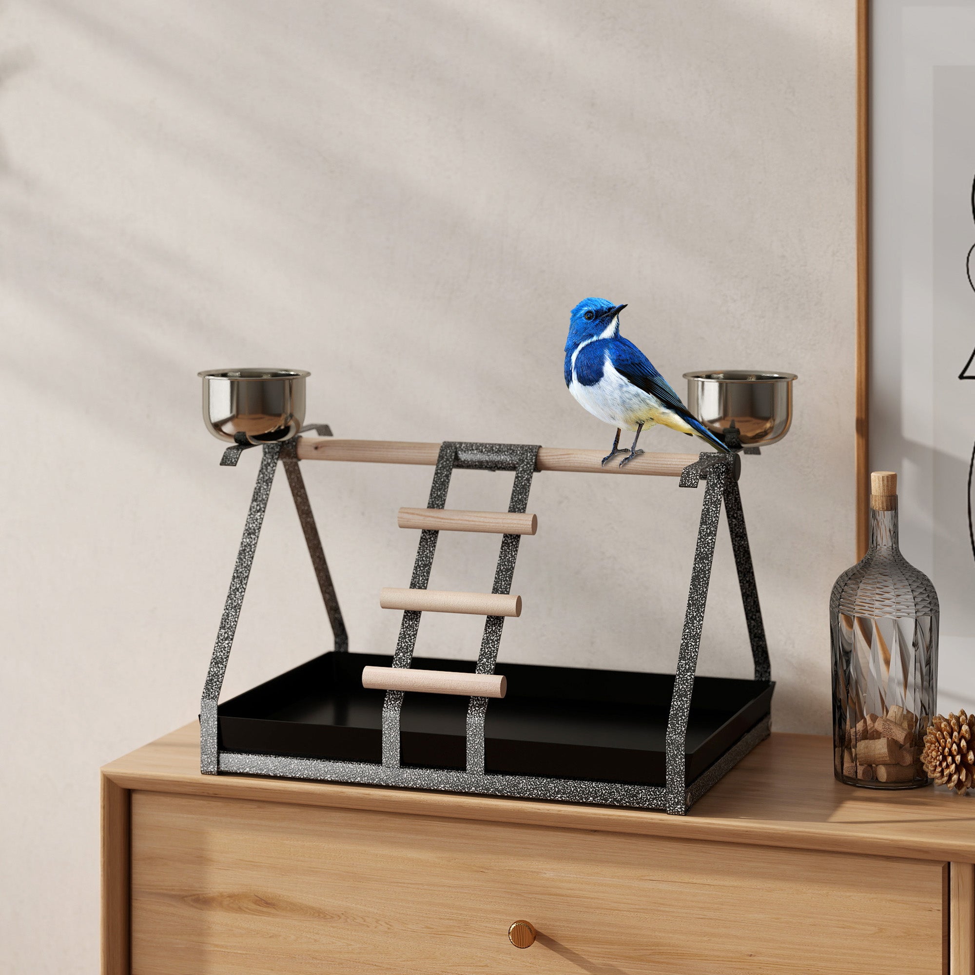 PawHut Parrot Stand with Wood Perch, Ladder & Feeder