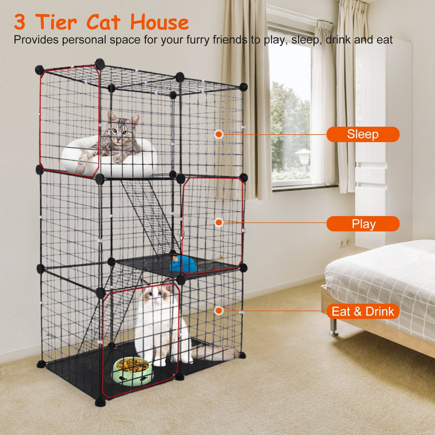 3-Tier Cat Playpen Cage – Indoor Metal Cat House