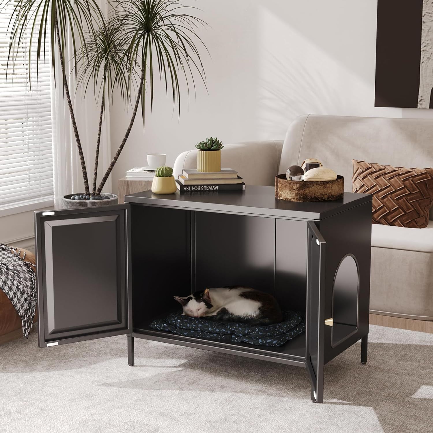Metal Cat Litter Box Enclosure with Barn Door