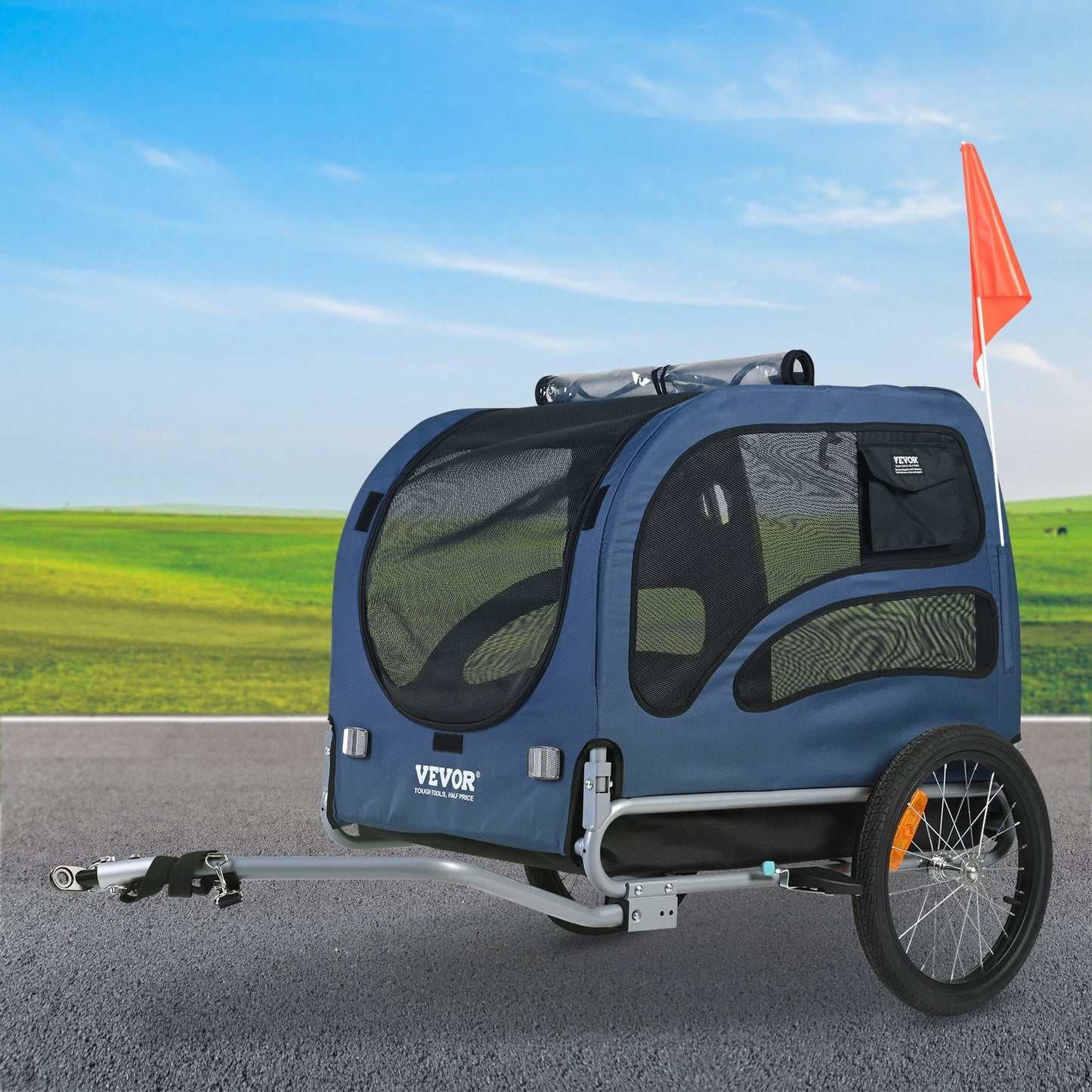 Pet Cart Bicycle Carrier, Easy Folding Frame With Quick Release Wheels, Universal Bicycle Coupler, Reflectors, Flag, Collapsible To Store, Blue Black