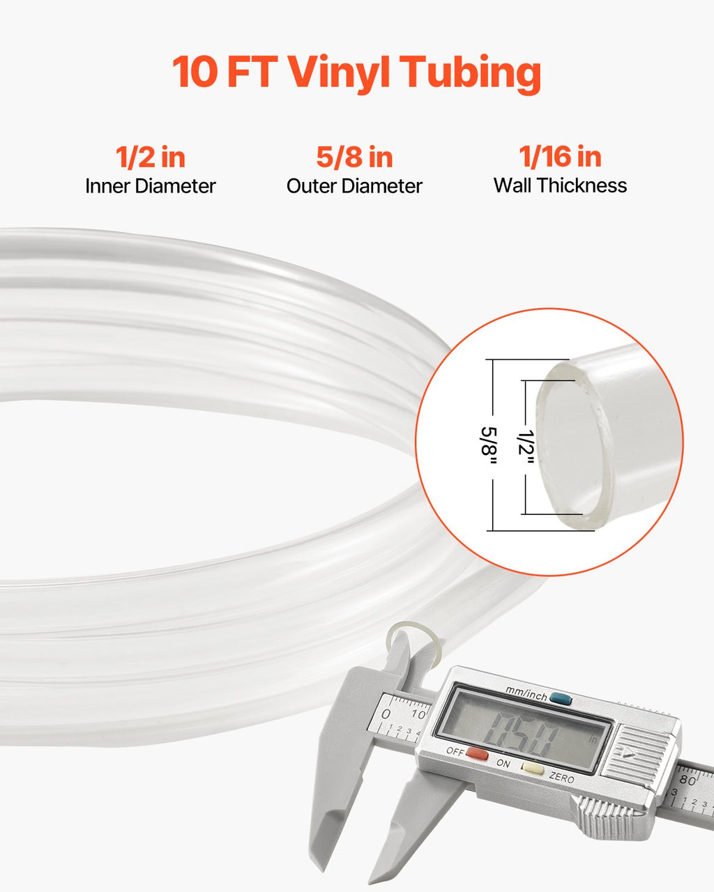 Clear Vinyl Tubing – 1/2" ID × 5/8" OD, 10 FT Flexible PVC Hose