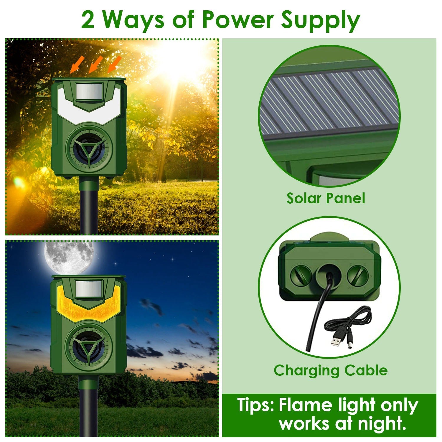 Solar Ultrasonic Animal Repeller with Flame Light