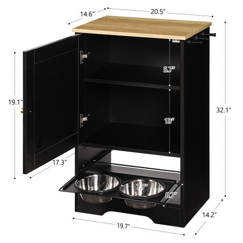 Feeding Station With 1 Storage Cabinets, Pet Feeding Station With 2 Elevated Dog Bowls, Side Hooks, Anti-tip Kit, Hidden Pet Feeder Station For Feeding   Watering, Black