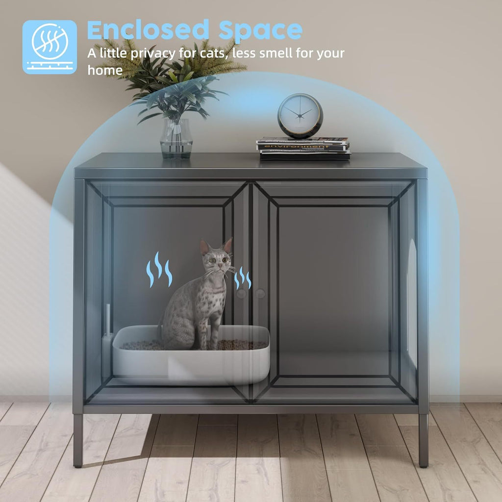 Metal Cat Litter Box Enclosure with Barn Door
