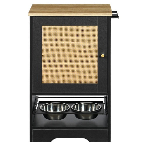 Feeding Station With 1 Storage Cabinets, Pet Feeding Station With 2 Elevated Dog Bowls, Side Hooks, Anti-tip Kit, Hidden Pet Feeder Station For Feeding   Watering, Black